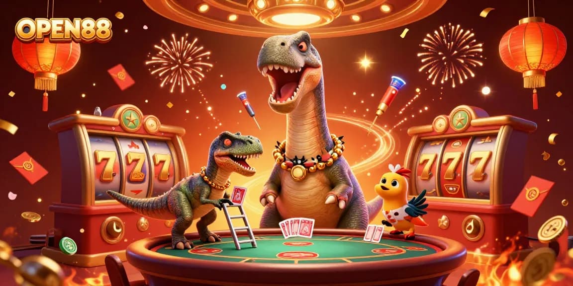 Experience the thrilling atmosphere of OPEN88 with a vibrant casino scene featuring cartoon dinosaurs and slot machines, enhancing your gaming journey!