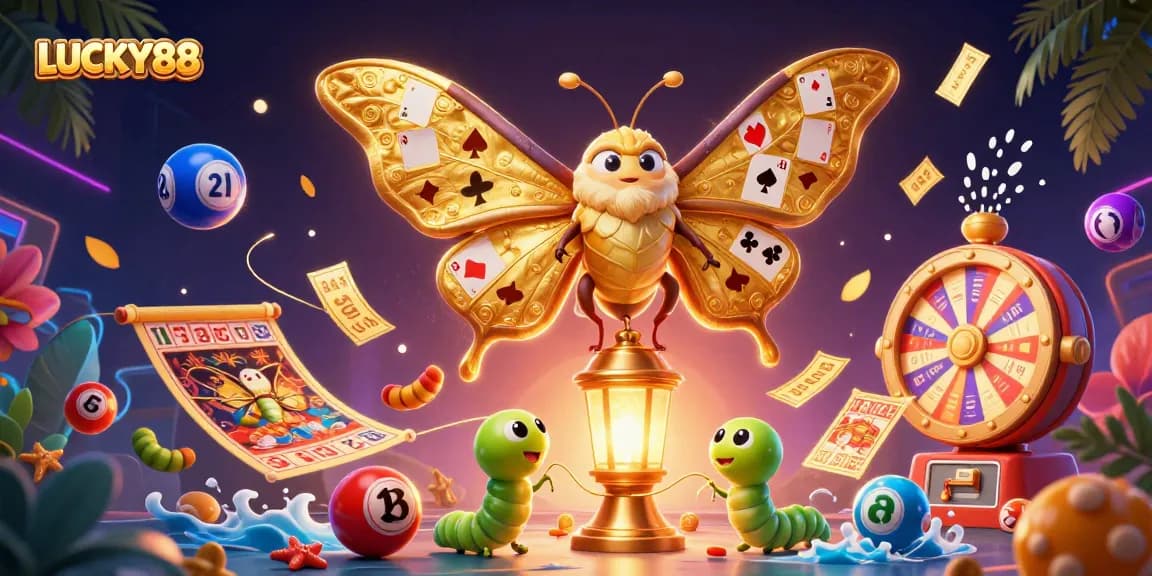 Experience the thrill of LUCKY88 with vibrant lottery balls and golden motifs in a dynamic casino scene.