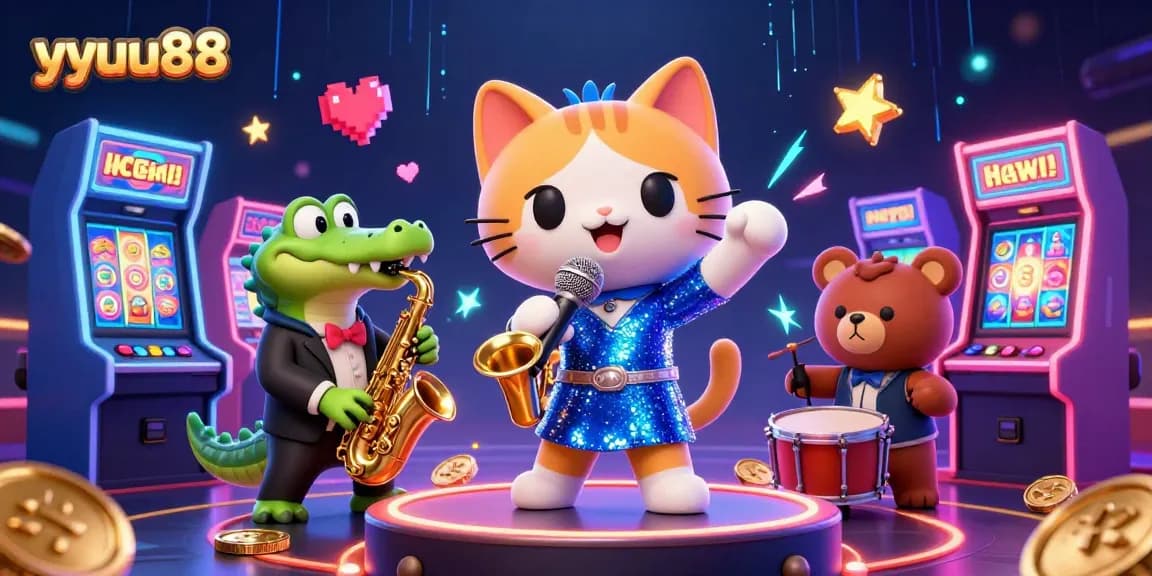 yyuu88 engages players with vibrant casino fun featuring a jazz-singer cat and colorful slot machines.