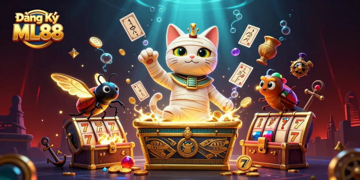 Engage with Đăng Ký ML88 at a vibrant casino scene featuring an Egyptian mummy cat and gold treasures.