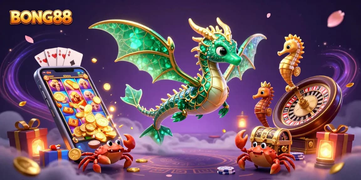 BONG88 sea dragon and royal seahorse delight in a vibrant casino scene filled with treasures and games.