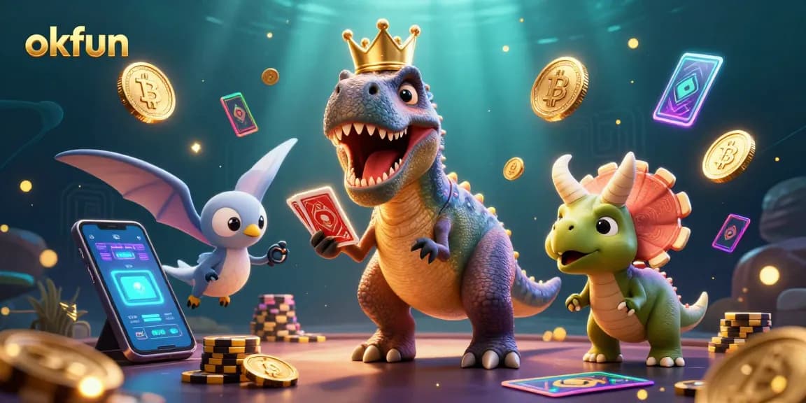 Engaging okfun 3D scene depicting a T-Rex shuffling cards, while a triceratops stacks golden casino chips.