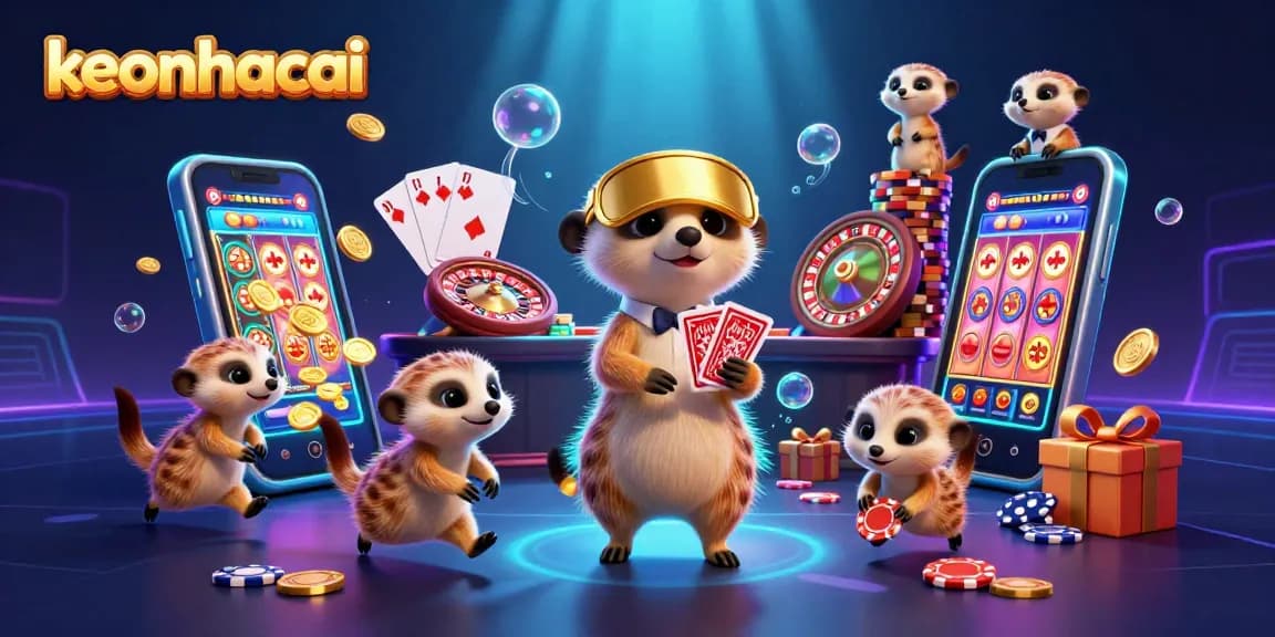 Engaging scene with keonhacai meerkats managing a vibrant casino, highlights of slot games and chips.