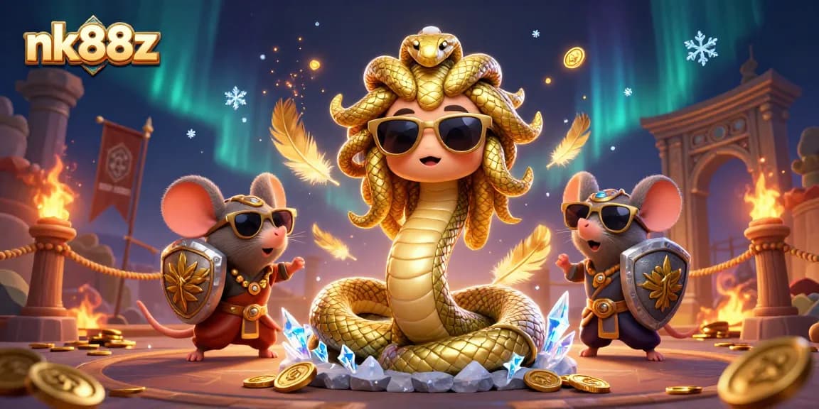 Engage with nk88z's captivating casino illustration showcasing a vibrant gambling scene with Medusa and warrior mouse.