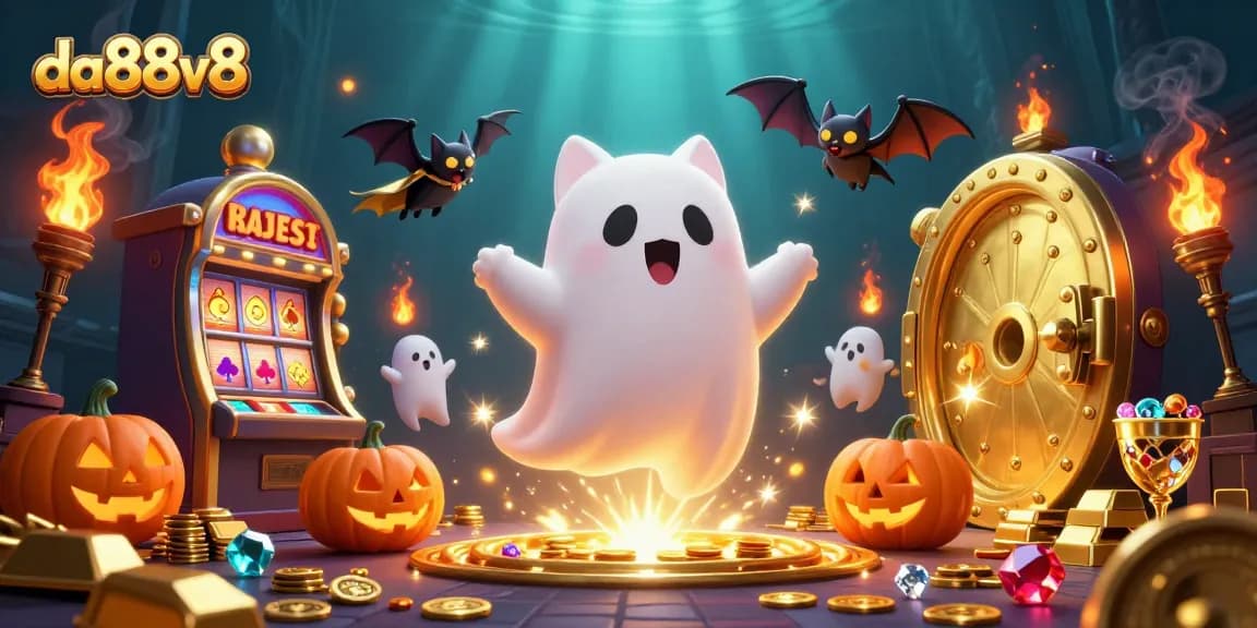 Engage with da88v8 in this vibrant, animated scene featuring a ghost cat in a casino adventure.