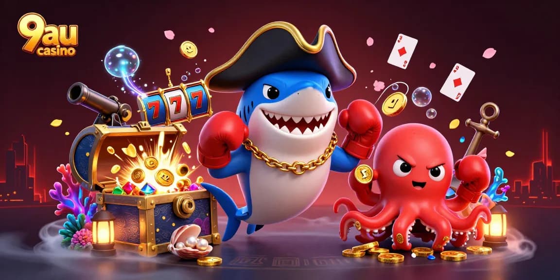 Engaging scene at 9au casino showcasing characters with dynamic casino elements and vibrant colors.