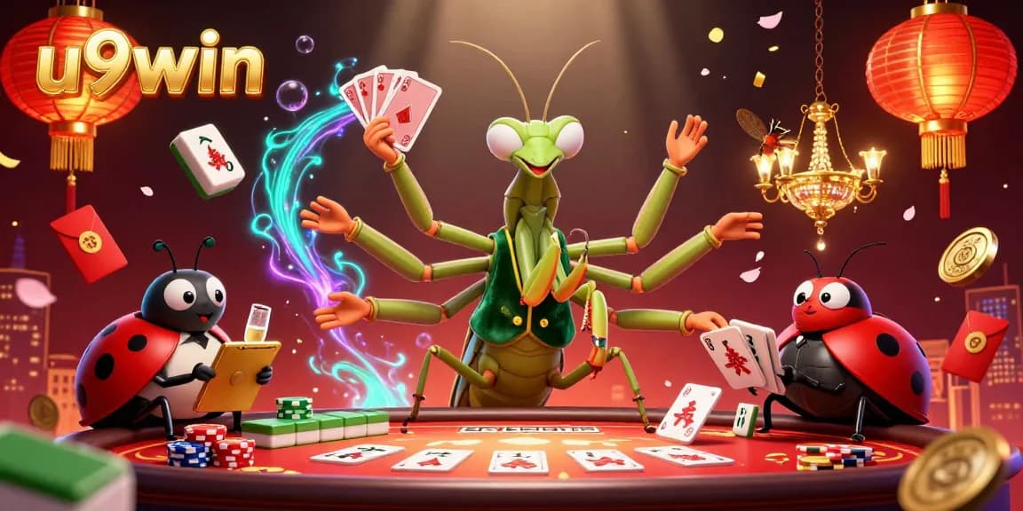 Experience the thrill at u9win with a vibrant casino scene featuring card games and lucky charms.