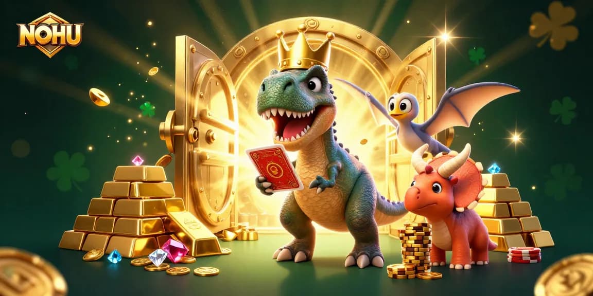 NOHU's playful T-Rex shuffles cards while a pterodactyl assists in a vibrant 3D casino scene.