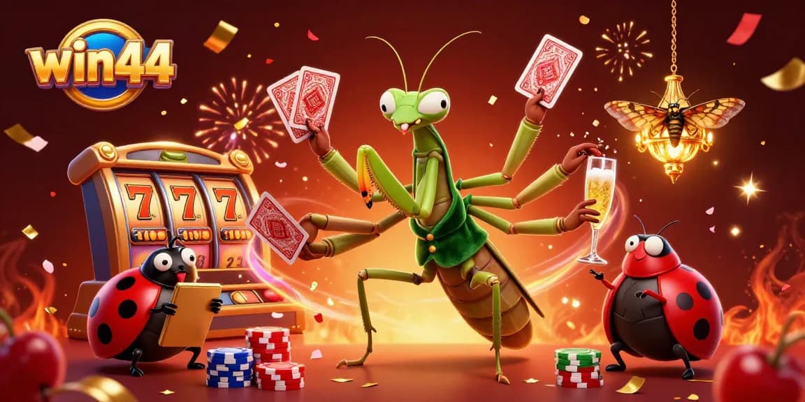 Experience the excitement of win44's gaming world with a vibrant casino illustration featuring slots, confetti, and energetic characters.