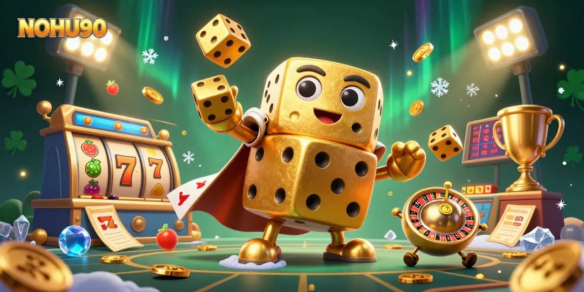Engage in thrilling gameplay at NOHU90 with entertaining golden dice characters and dynamic slot elements.