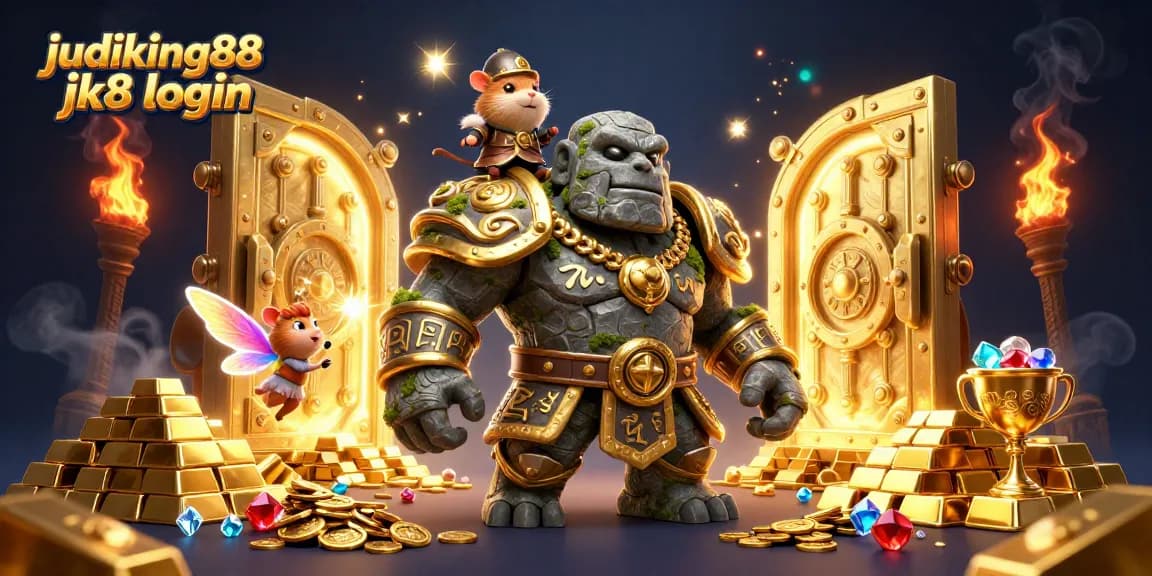 Engage with the magic of judiking88 jk8 login in this vibrant casino-themed illustration featuring a golem, fairy, and hamster knight.