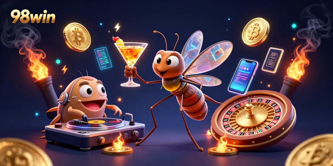 Play exciting games at 98win with a vibrant casino-themed illustration featuring unique characters.