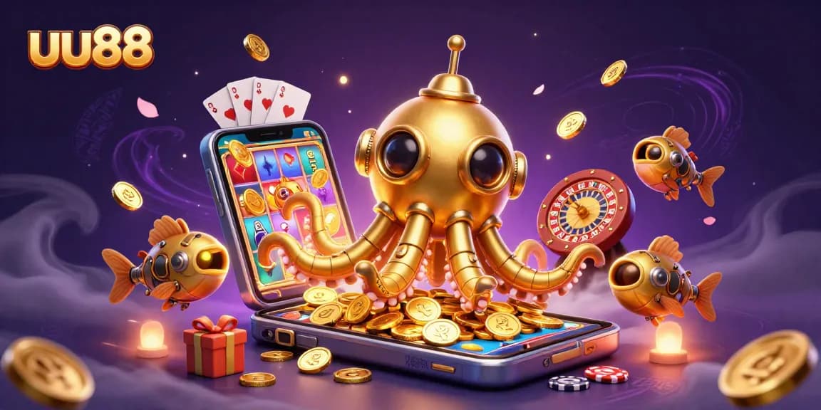 Play thrilling games at uu88 with a vibrant display of colorful slot machines and dynamic casino action.
