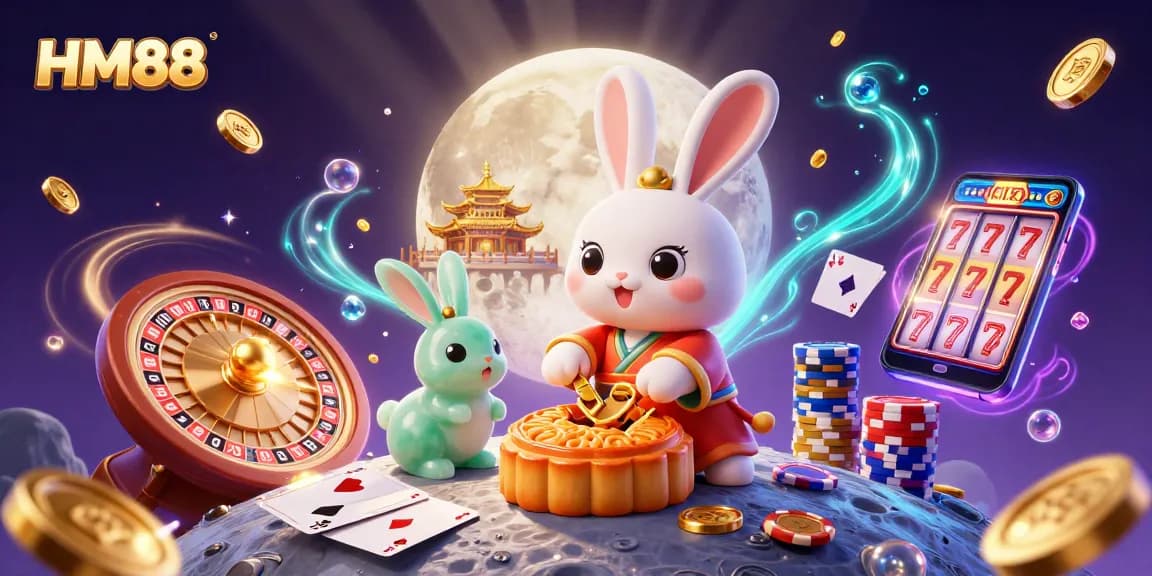 Experience thrilling casino magic with HM88's vibrant moon rabbit illustration full of poker chips and golden treasures.