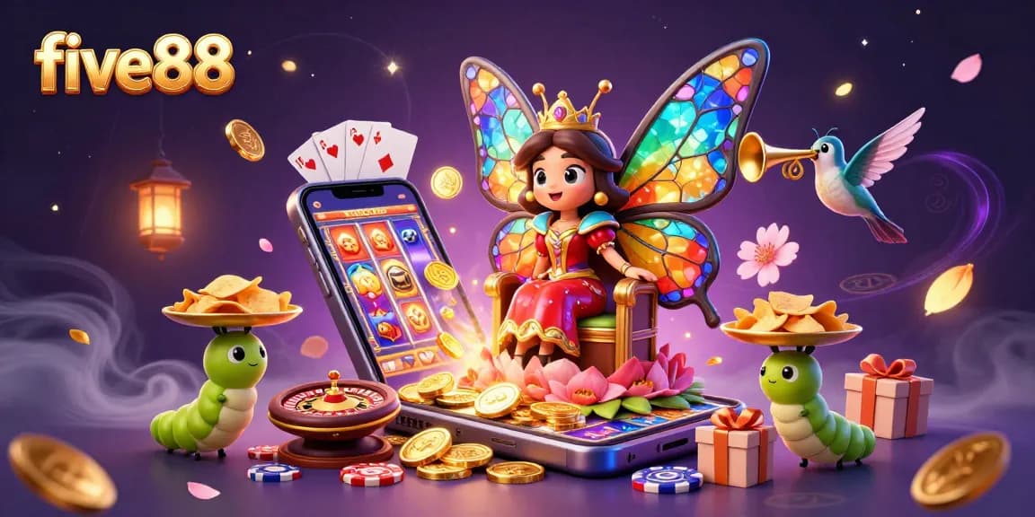 Experience five88's vibrant casino world with colorful butterflies, golden chips, and lively slot games.