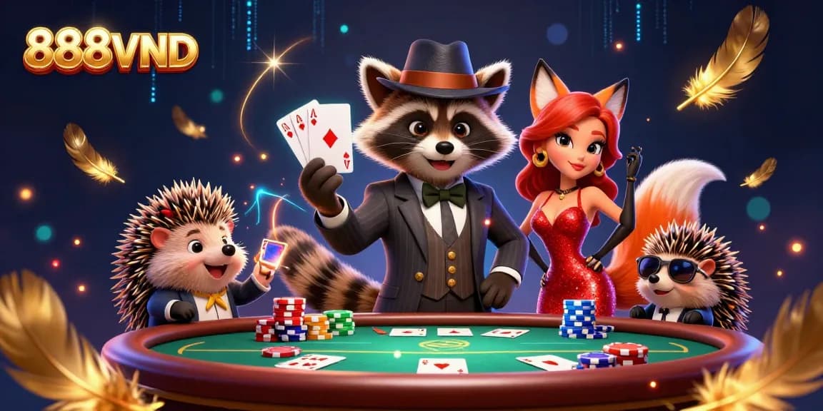 Experience thrilling gameplay at 888VND, with a suave raccoon presenting a royal flush hand at a vibrant poker table.