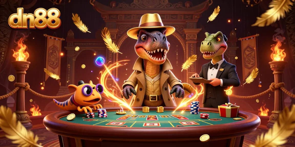 Experience thrilling gameplay at dn88 with cartoon dinosaurs counting cards and sneaking chips in a vibrant casino.