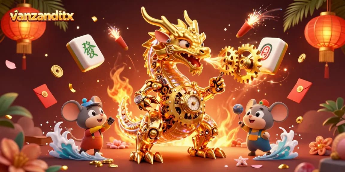 Engage with vanzandttx amidst vibrant gambling elements, featuring a golden dragon and dynamic game visuals.
