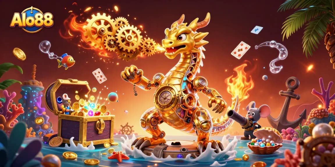 Alo88 engages gamblers with a vibrant 3D scene showcasing a golden dragon amidst casino-themed elements.