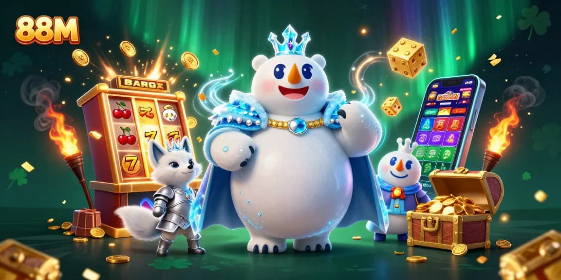 Spin the reels with 88M, featuring a cartoon polar bear and treasure-filled slot machine.