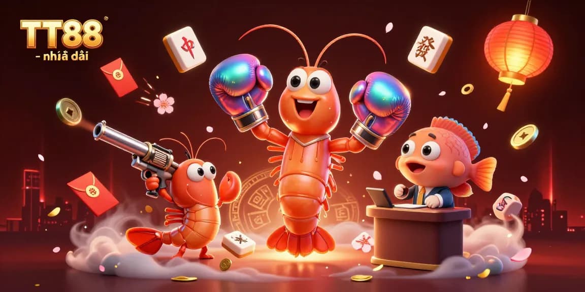 Engage with the dynamic TT88 - nhà cái scene showcasing a playful mantis shrimp and its sidekick amidst festive gaming elements.