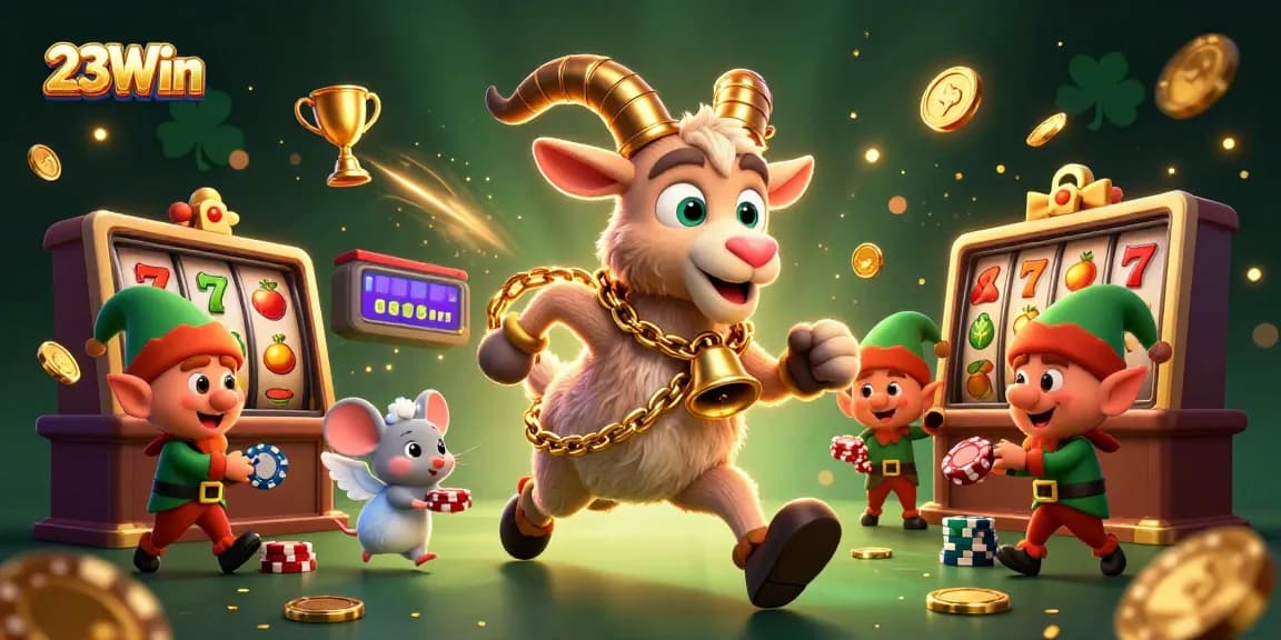 Experience thrilling gameplay at 23Win, where Krampus and festive characters bring the casino to life in a vibrant 3D scene.