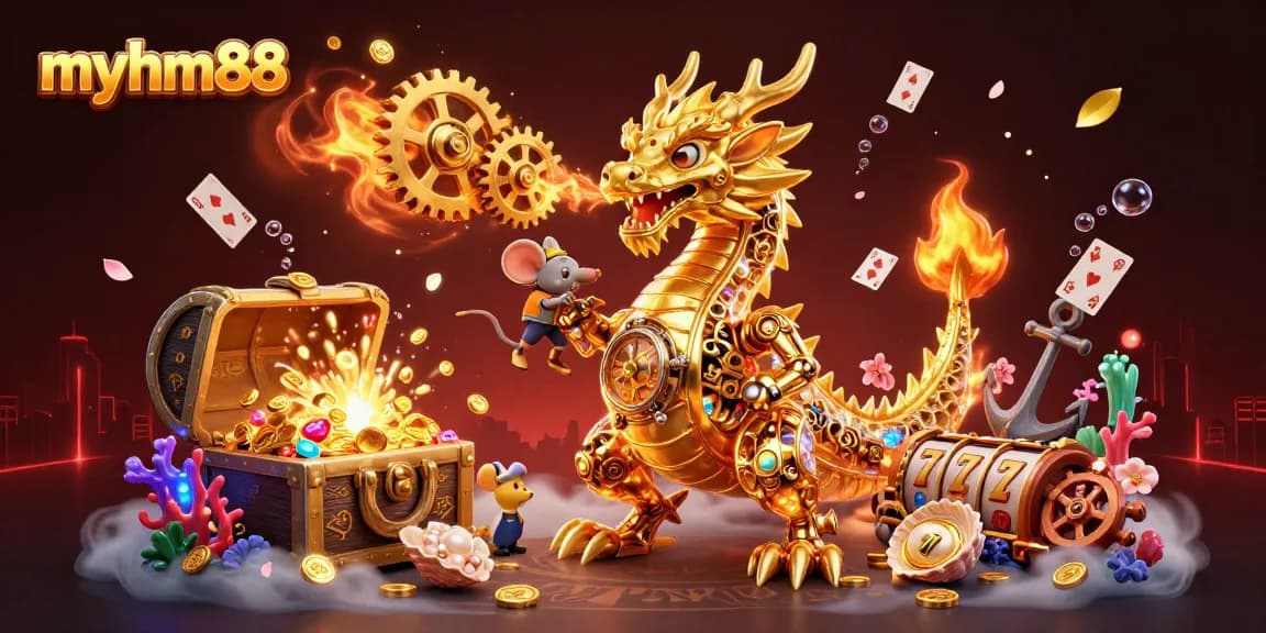 Engage with myhm88 in a vibrant 3D gambling universe featuring a golden dragon amidst slot games, coins, and underwater elements.