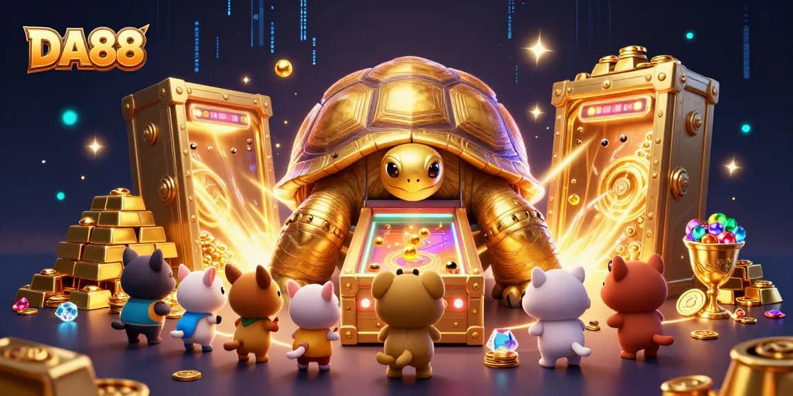Exciting DA88 gambling scene showcasing a colossal tortoise pinball machine filled with golden treasures.