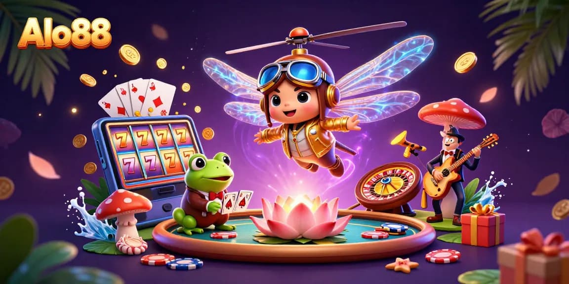 Alo88 engages players with an exciting 3D illustration showcasing casino fun and vibrant game elements.