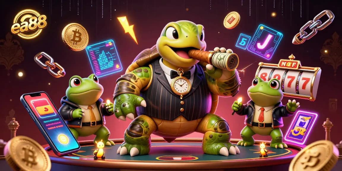 Engage in thrilling casino action with the ea88 logo amid vibrant game elements and animated characters.