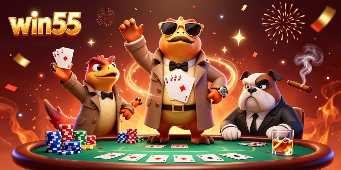 Experience the excitement of win55 with raptors sneaking into a VIP casino lounge in this dynamic illustration.