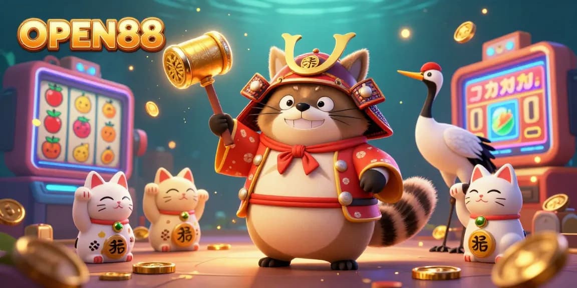 Engage with OPEN88's vibrant casino world featuring tanuki, crane, and fortune cats amidst slot machines and golden coins.