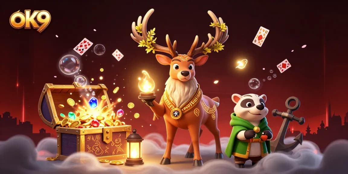 Play exciting games at ok9 with animated druid stag and immersive treasure scenes.