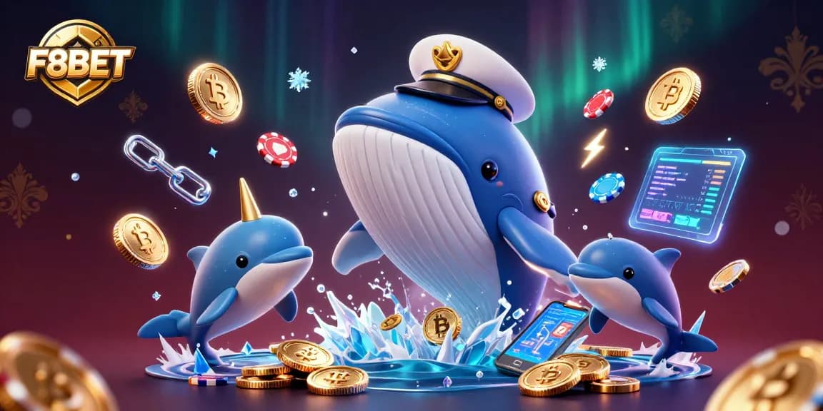 Experience dynamic gaming with F8BET's vibrant 3D casino scene featuring captivating whales, crypto coins, and poker chips.