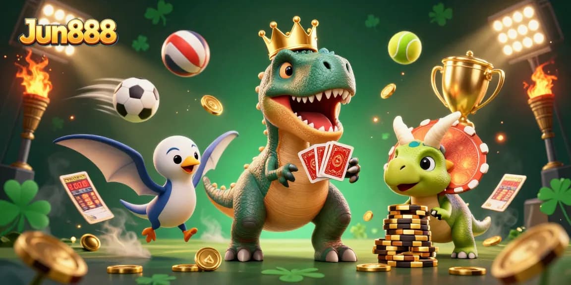 Engage in exciting sports betting with Jun888, featuring dynamic characters and vibrant casino elements.