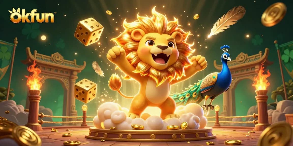 Engage with okfun as the sun lion roars triumphantly amid gold coins and dynamic gaming elements.