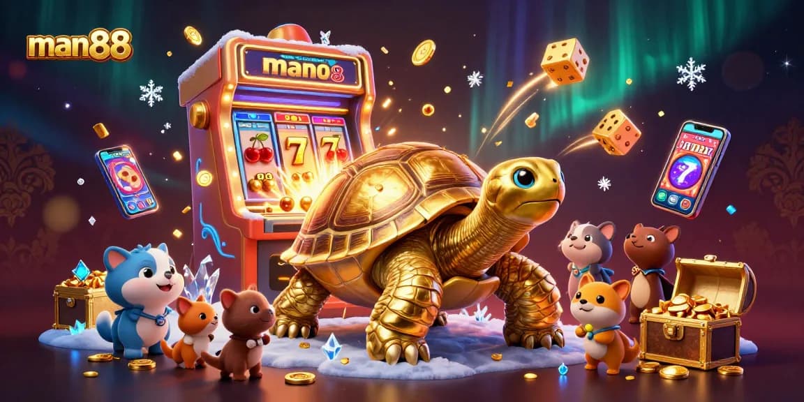 Spin the reels with man88 in a vibrant casino scene featuring a colossal tortoise pinball machine and jackpot thrills.