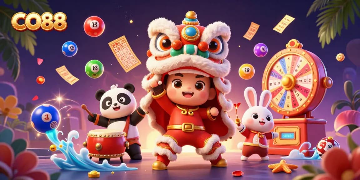 Experience vibrant gaming action with CO88 as a lion dance, drumming panda, and more fill the scene.