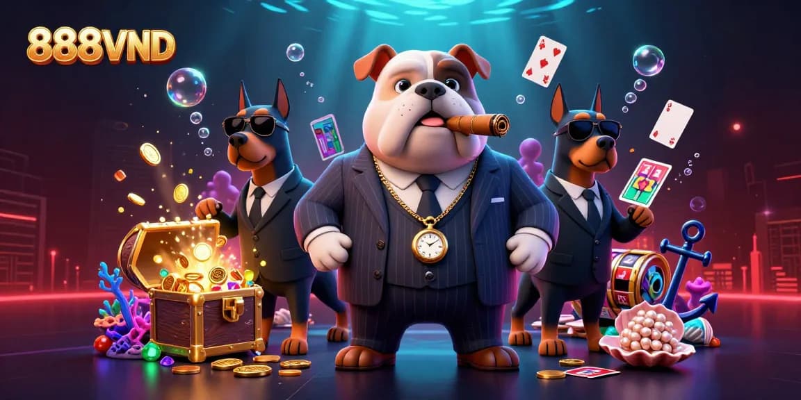 Win big with 888VND in a vibrant casino scene featuring a bulldog and Dobermans.