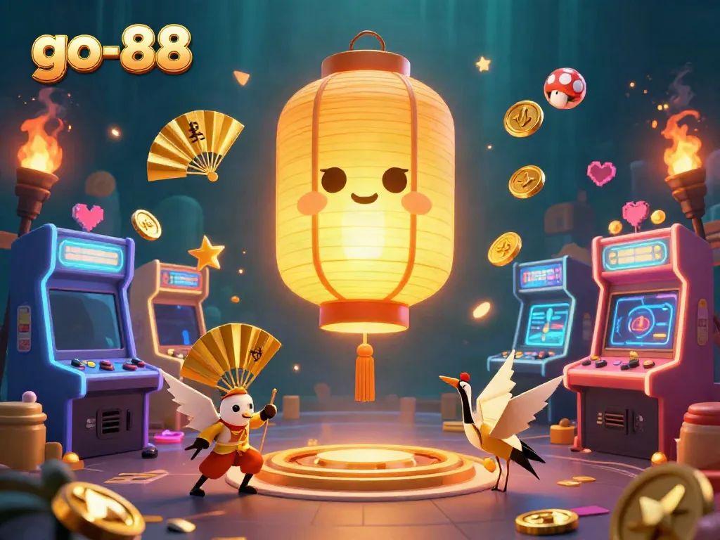 Engage in the vibrant world of go-88 with a dynamic 3D casino scene featuring lucky symbols, golden lanterns, and arcade elements.