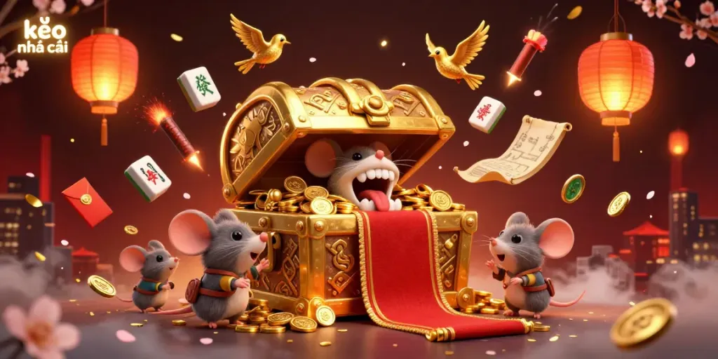 Engage in kèo nhà cái with a vibrant scene featuring a golden treasure chest, adventurous mice, and floating game elements.