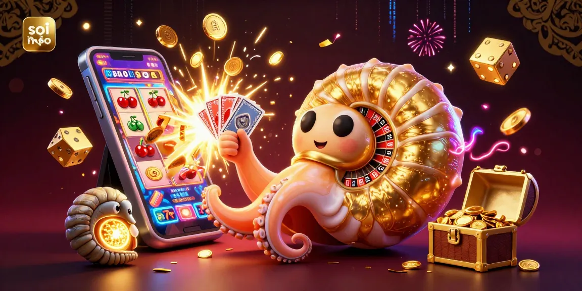 Soi kèo reveals a vibrant casino world with a giant nautilus roulette and prizes bursting, inviting players to explore betting.