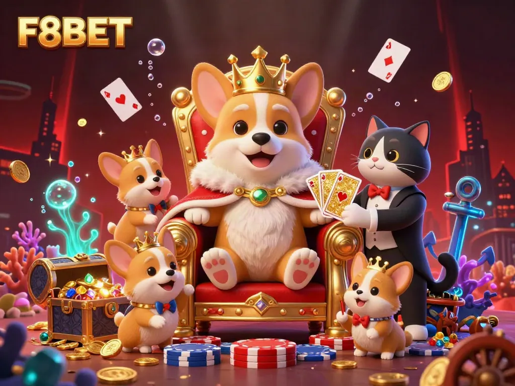 Experience the vibrant F8BET casino atmosphere with a royal corgi on a throne of poker chips amidst glowing underwater treasures.