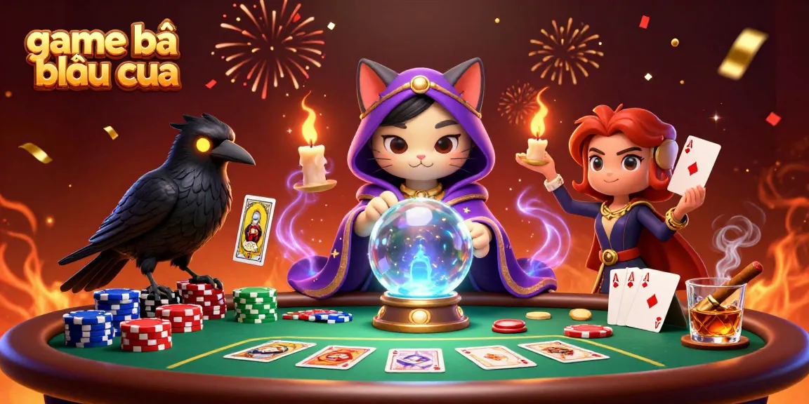 Experience the vibrant game bài bầu cua with a fortune teller cat and a glowing-eyed raven in a lively casino.