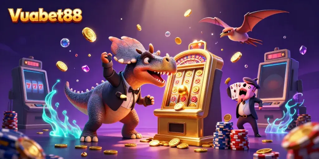 Vuabet88 casino illustration showing a dinosaur interacting with a slot machine, representing an exciting gaming experience.