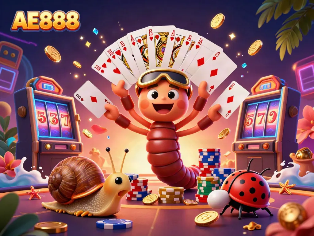 Engage with AE888's vibrant casino scene featuring a dynamic millipede dealer and colorful game elements.
