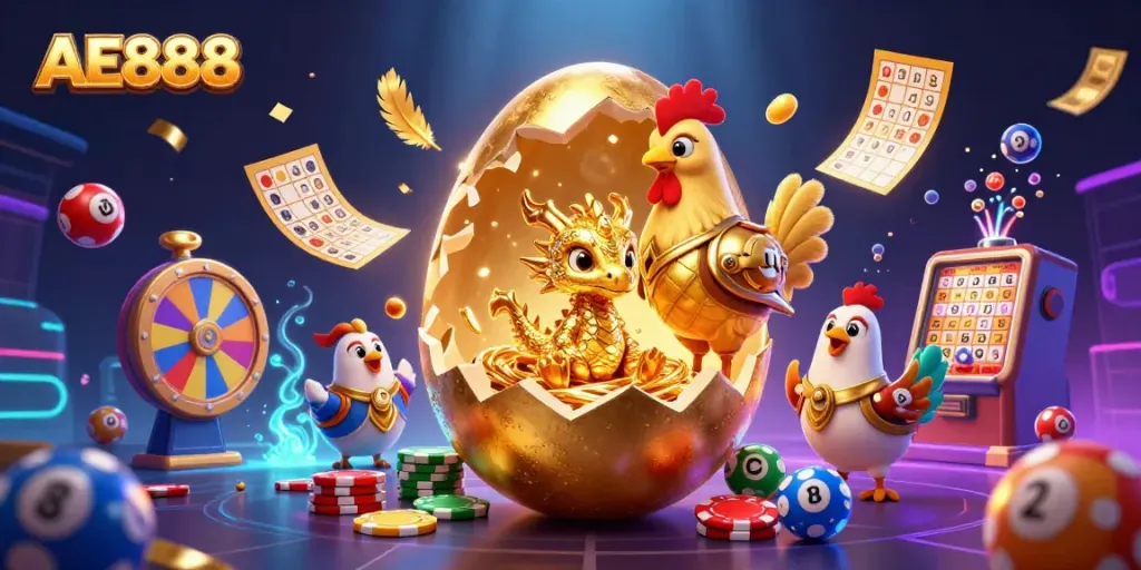Engage in the exciting world of AE888 with a golden dragon and vivid lottery elements.