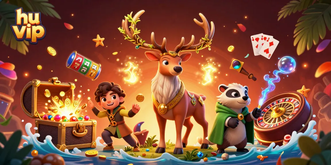 Engage with hu vip in an exhilarating 3D casino scene featuring enchanted characters and vibrant game elements.
