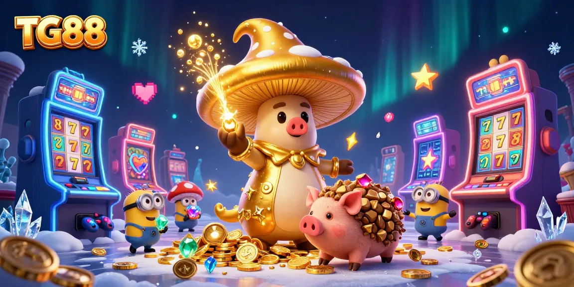 TG88 casino scene featuring a magical mushroom wizard and treasures amidst vibrant slot machines.