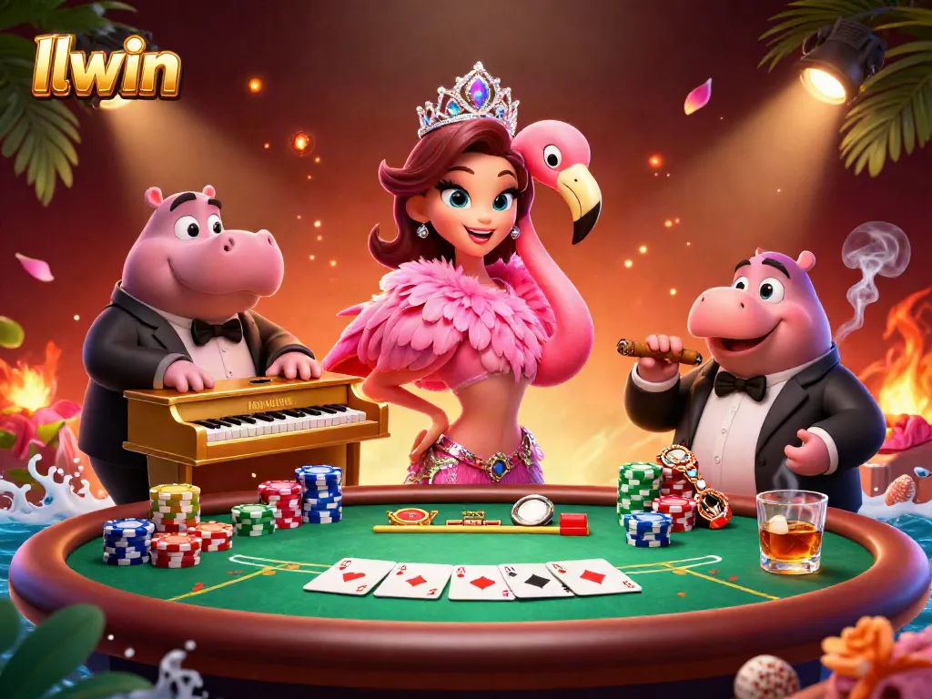 Experience thrilling gaming action with llwin in a vibrant 3D casino scene featuring colorful poker elements.